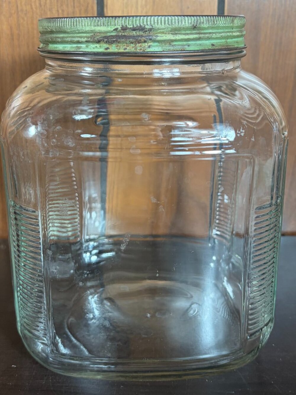 Vtg Square Glass Storage Jar Hoosier Cabinet Canister Ribbed Corners Metal Lid